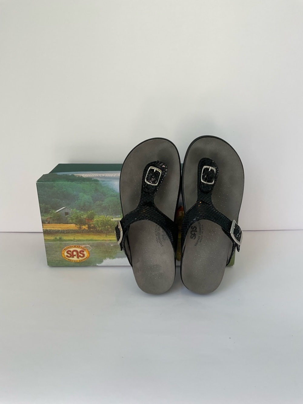 SAS Sanibel Black Snakeskin T-Strap Thong Sandals with Silver Buckles